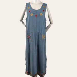 Vintage 1990s Celestial Heart Jumper Dress Chambray Applique Folk Art Grunge 8